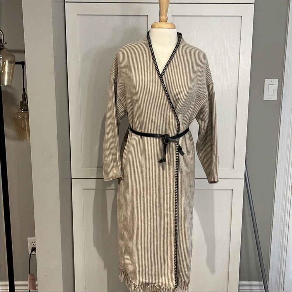Zara ladies linen fringe tan striped cardigan with belt.